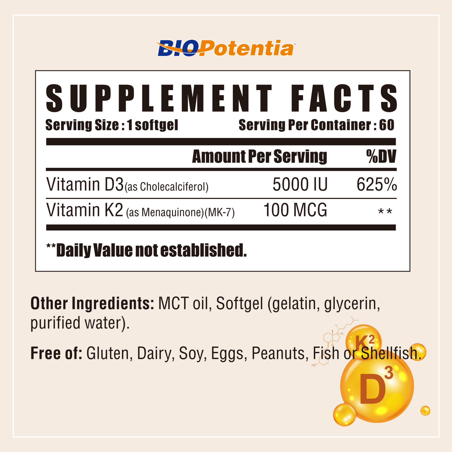 Vitamin D3 K2 with MCT Oil Supplement, Vitamin D3 5000 IU & K2 (MK7), Supports Immune, Bone & Teeth Health - Gluten Free Non-GMO - 60 Softgels