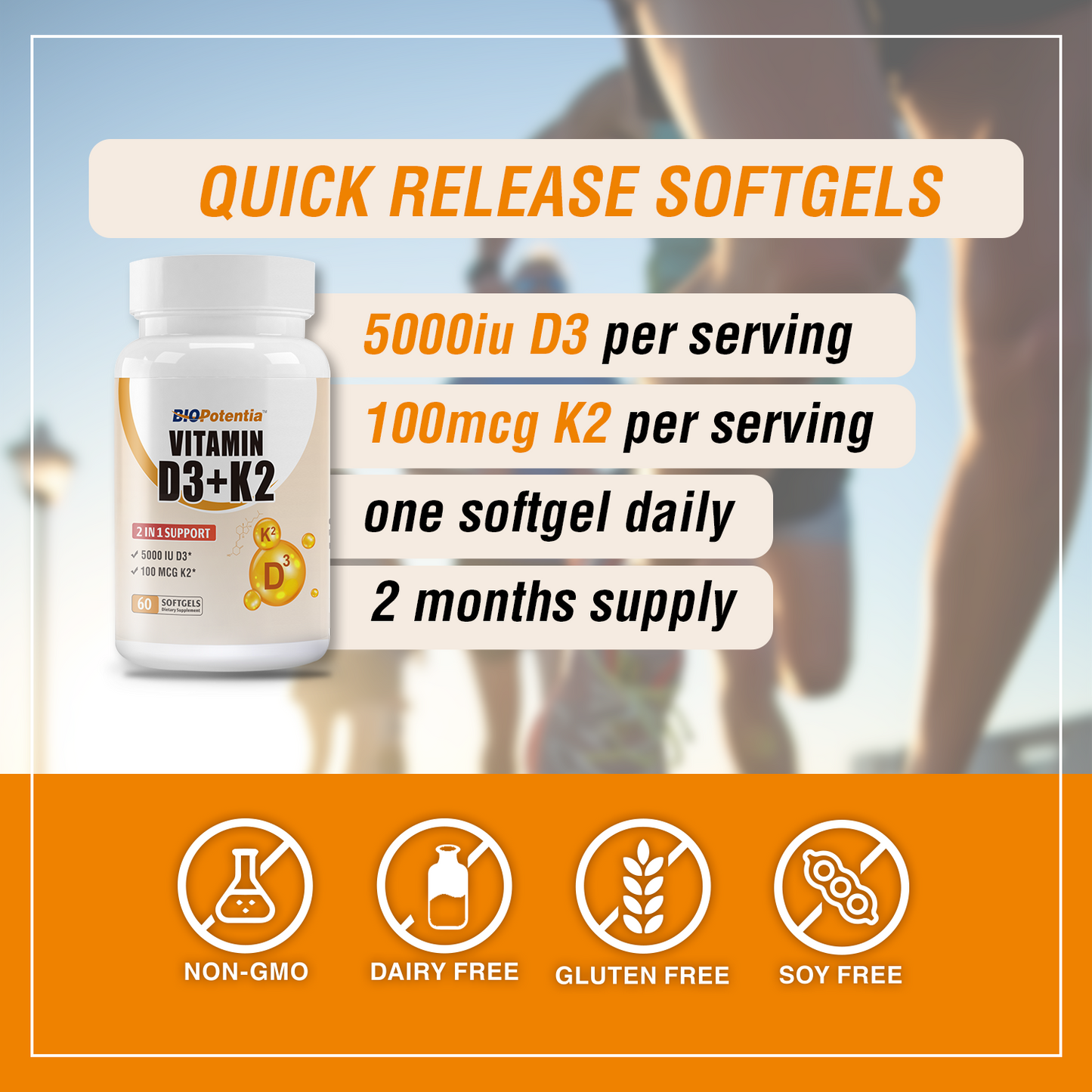 Vitamin D3 K2 with MCT Oil Supplement, Vitamin D3 5000 IU & K2 (MK7), Supports Immune, Bone & Teeth Health - Gluten Free Non-GMO - 60 Softgels