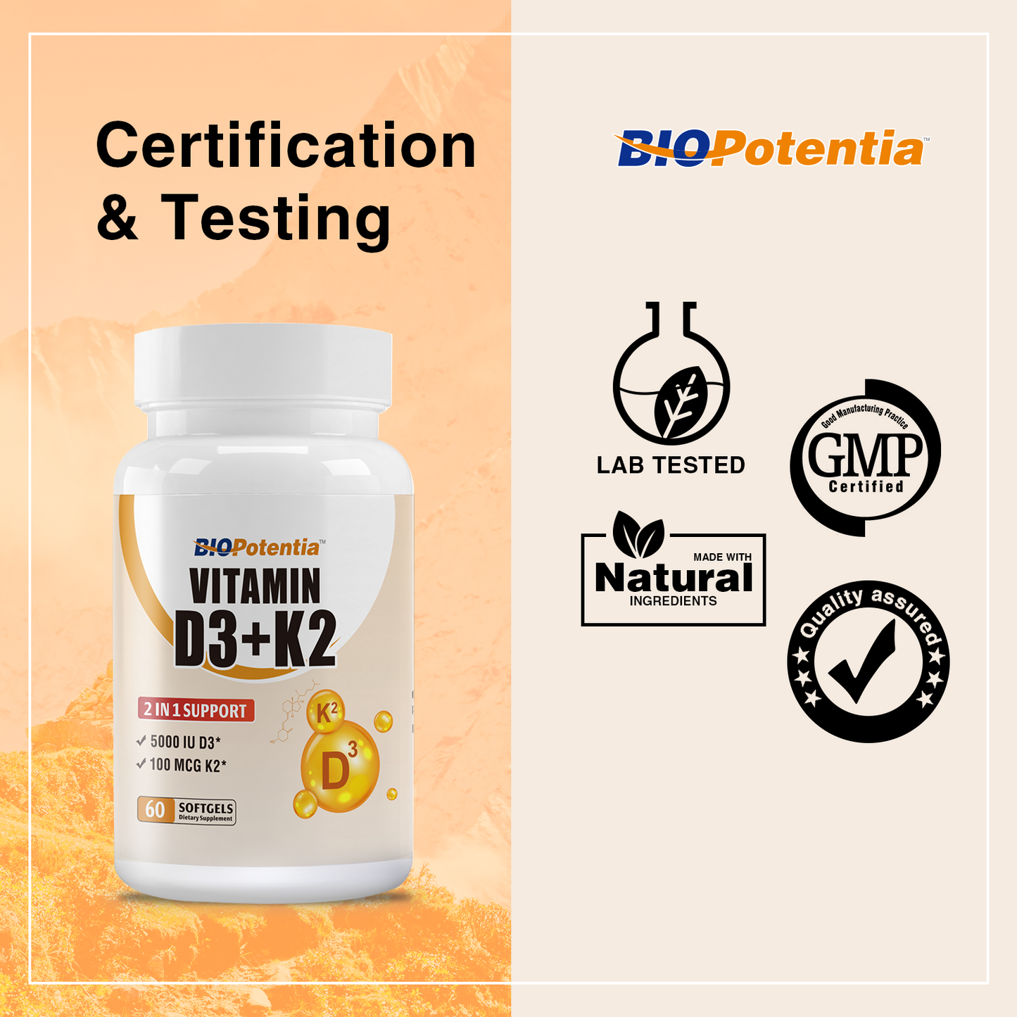 Vitamin D3 K2 with MCT Oil Supplement, Vitamin D3 5000 IU & K2 (MK7), Supports Immune, Bone & Teeth Health - Gluten Free Non-GMO - 60 Softgels