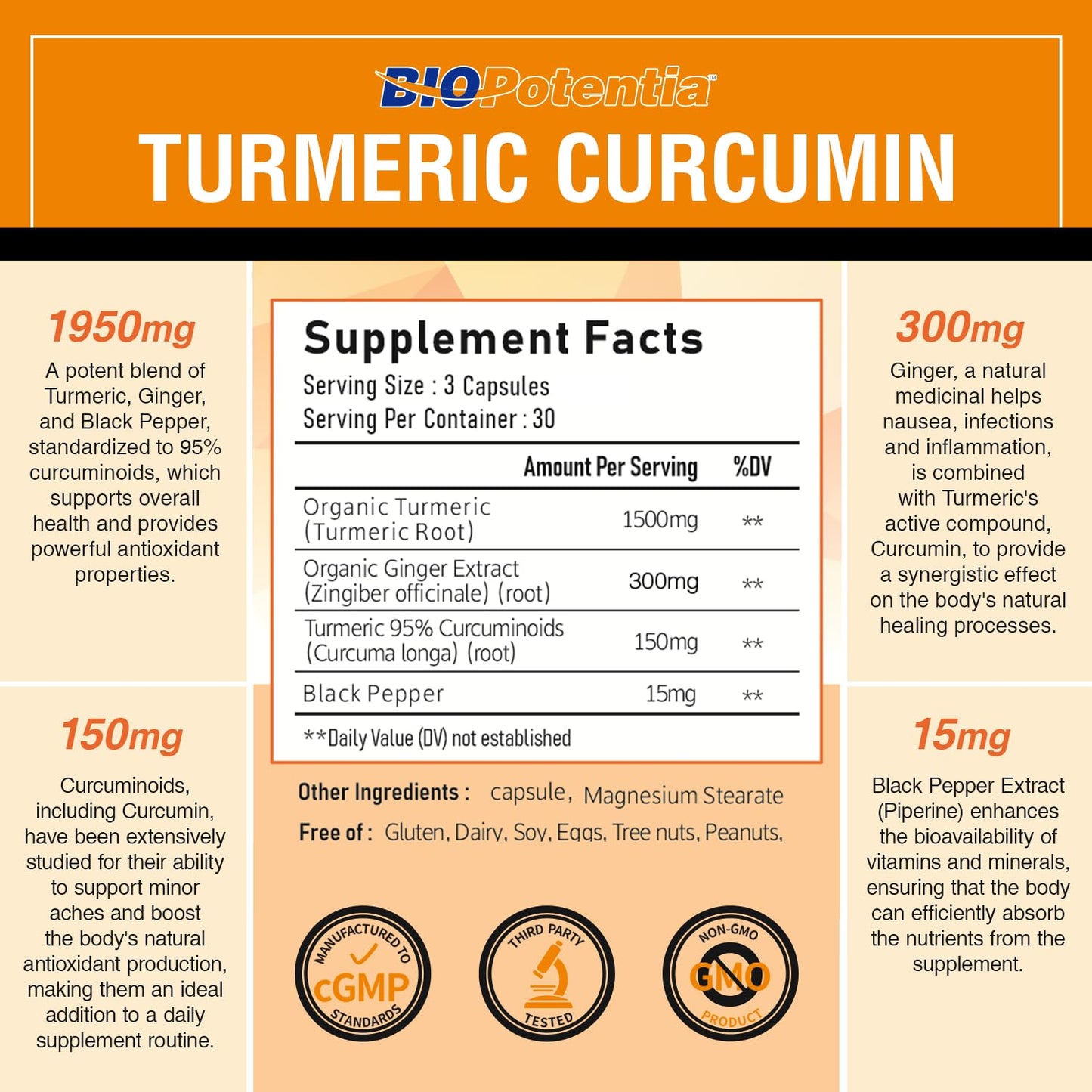 Turmeric Curcumin with Black Pepper & Ginger 95% Standardized Curcuminoids 1950mg - Ultra High Absorption, Natural Joint Support, Natures Tumeric Extract Supplement Non-GMO -90 Capsules