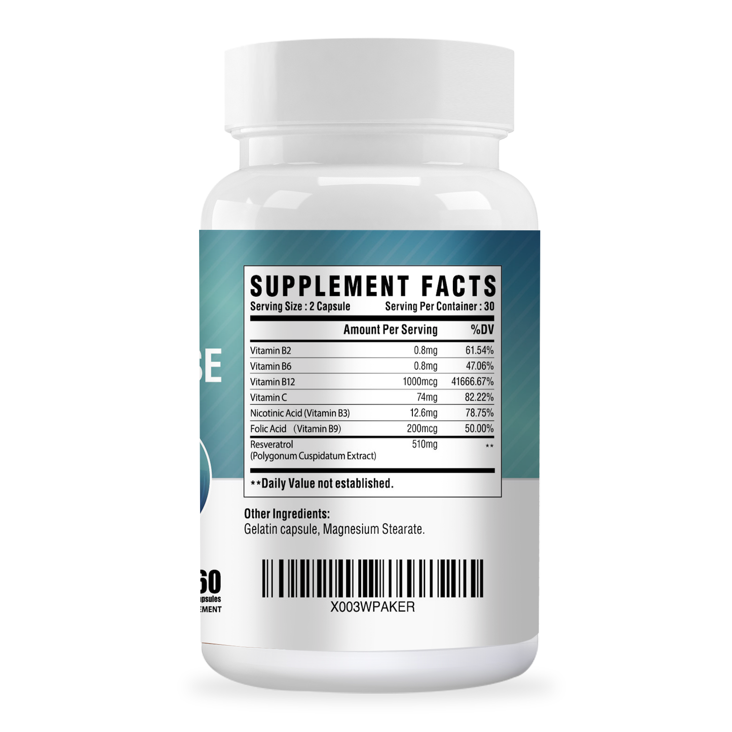 Resveratrol + Vitamins Supplement, Supports Stomach Health & Immunity - 60 Capsules