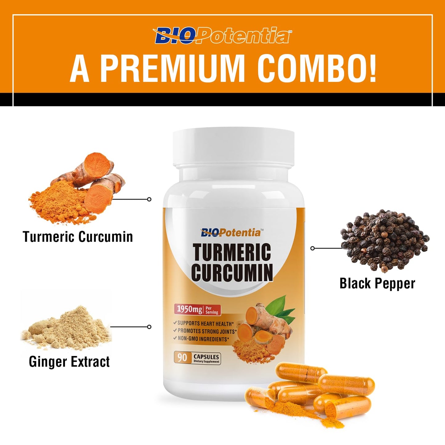 Turmeric Curcumin with Black Pepper & Ginger 95% Standardized Curcuminoids 1950mg - Ultra High Absorption, Natural Joint Support, Natures Tumeric Extract Supplement Non-GMO -90 Capsules
