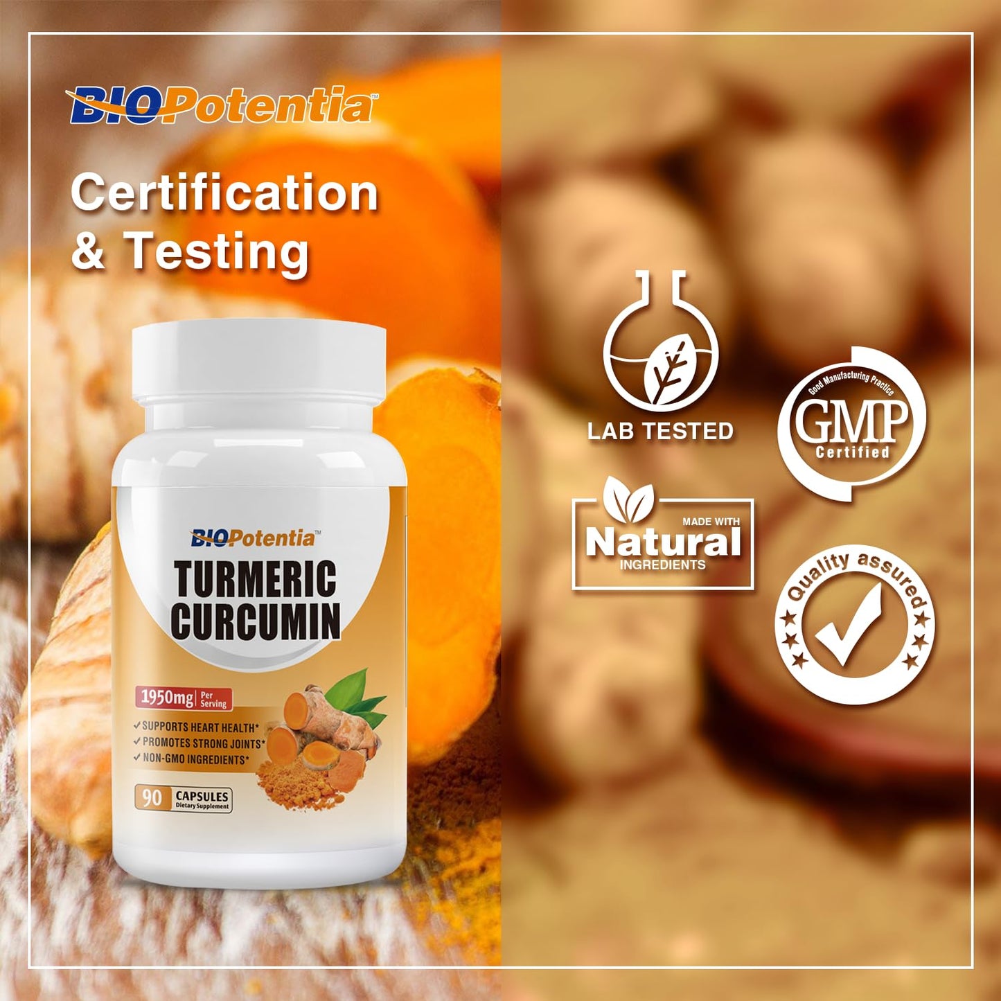 Turmeric Curcumin with Black Pepper & Ginger 95% Standardized Curcuminoids 1950mg - Ultra High Absorption, Natural Joint Support, Natures Tumeric Extract Supplement Non-GMO -90 Capsules
